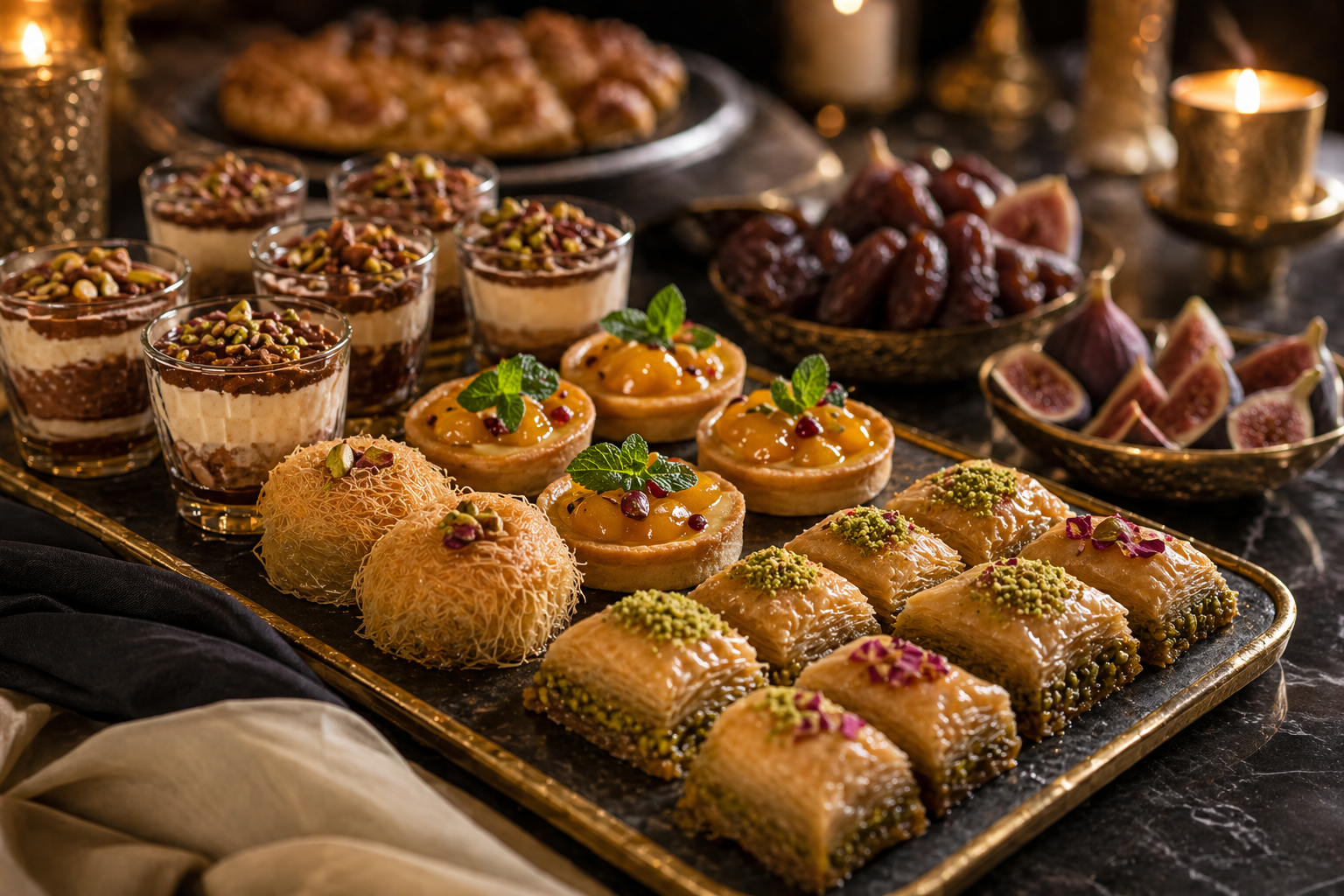 Dessertbuffet mit Baklava, Früchten und kleinen Gläsern