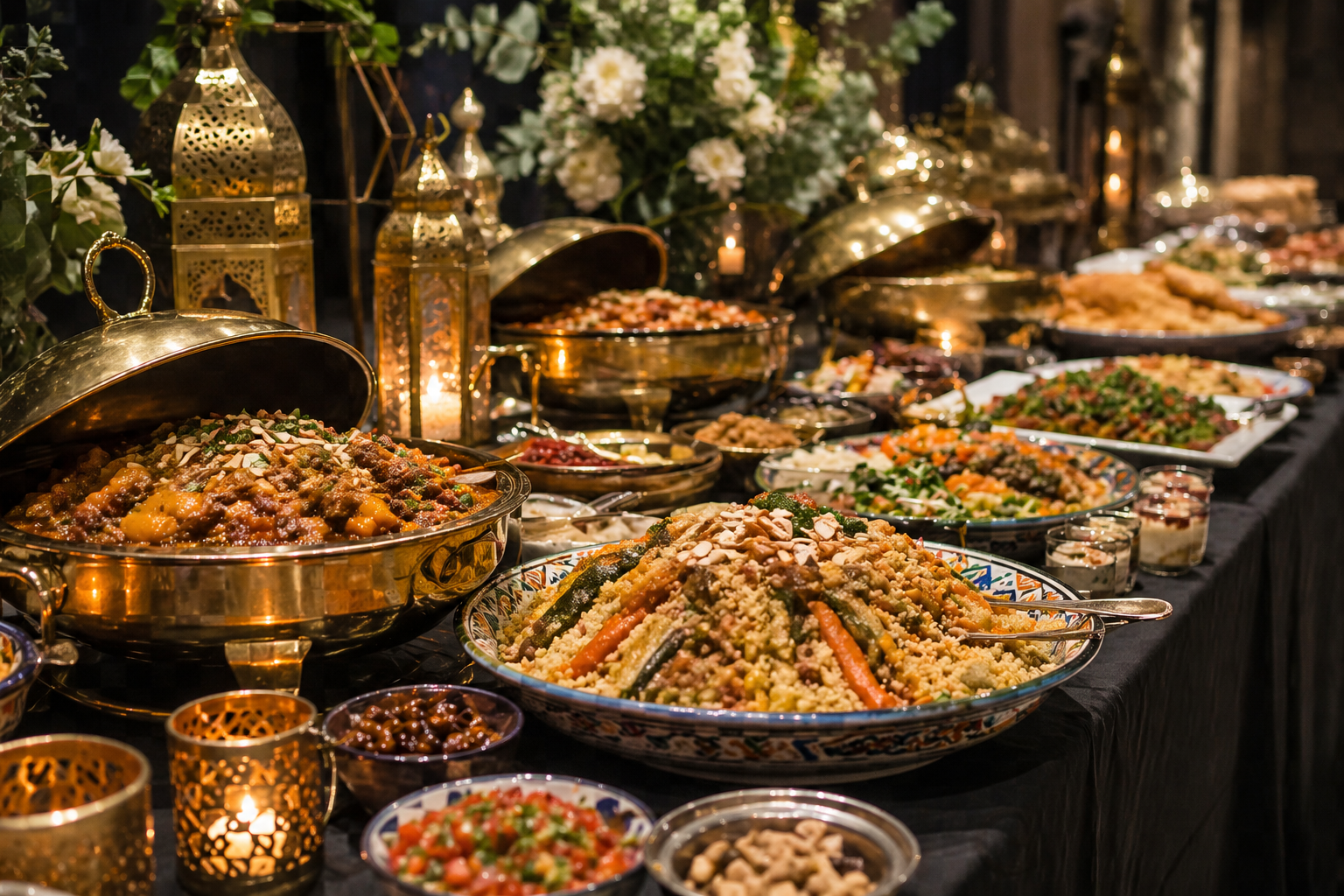 Festliches Buffet mit marokkanisch-mediterranen Speisen