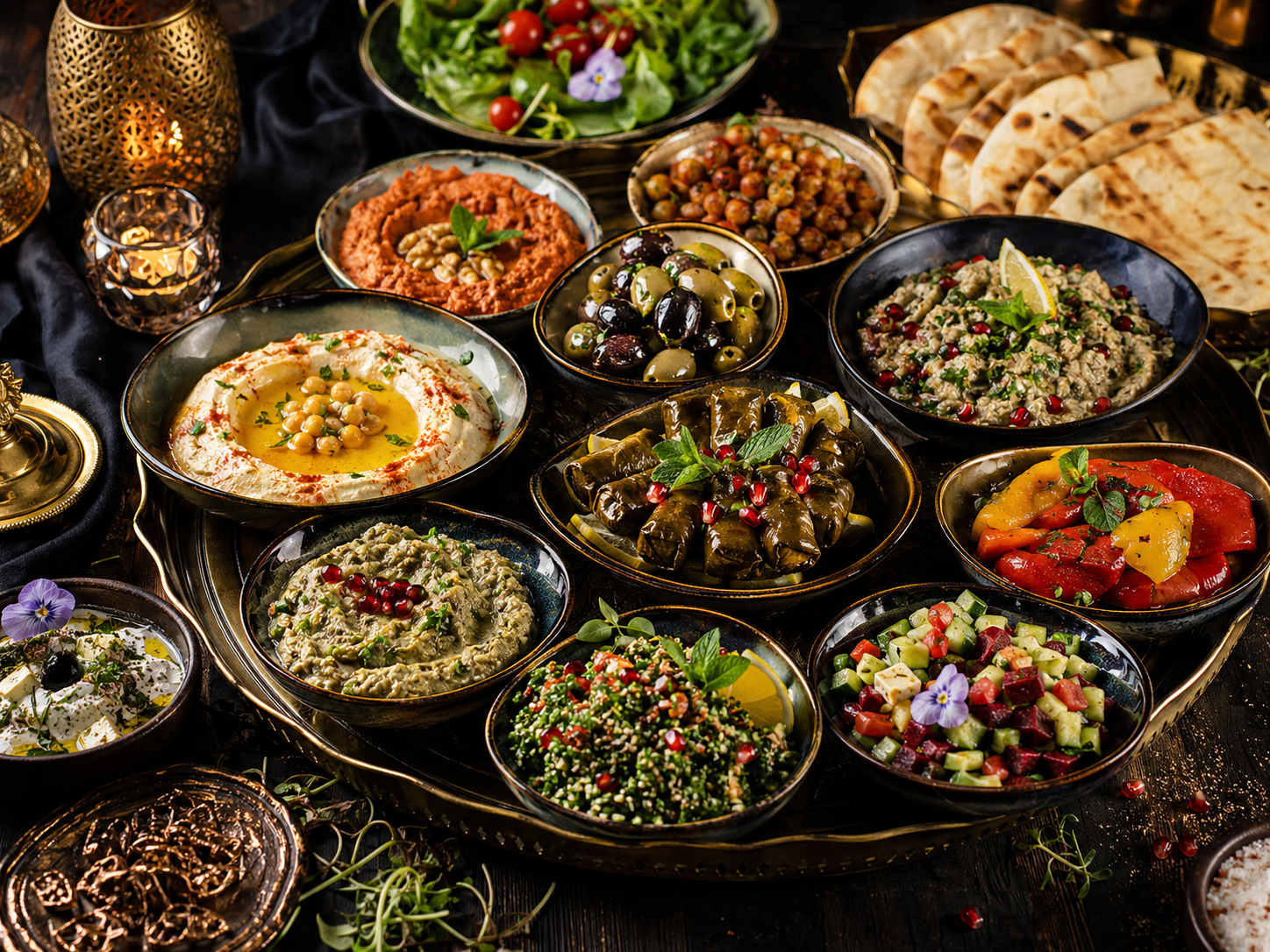 Kaltes Mezze-Buffet mit Dips, Oliven und Fladenbrot